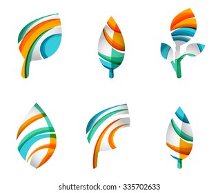 Set of abstract eco leaf icons, business logotype nature concepts, clean modern geometric design. Created with transparent abstract wave lines
