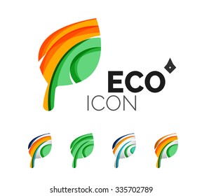 Set of abstract eco leaf icons, business logotype nature concepts, clean modern geometric design. Created with transparent abstract wave lines