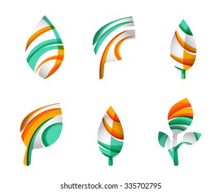 Set of abstract eco leaf icons, business logotype nature concepts, clean modern geometric design. Created with transparent abstract wave lines