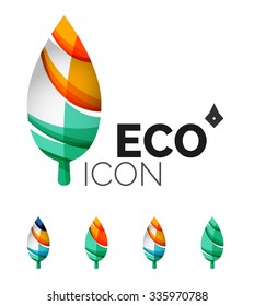 Set of abstract eco leaf icons, business logotype nature concepts, clean modern geometric design. Created with transparent abstract wave lines