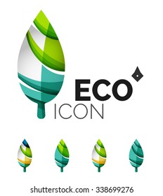 Set of abstract eco leaf icons, business logotype nature concepts, clean modern geometric design. Created with transparent abstract wave lines