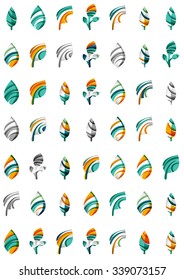 Set of abstract eco leaf icons, business logotype nature concepts, clean modern geometric design. Created with transparent abstract wave lines