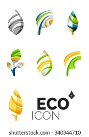 Set of abstract eco leaf icons, business logotype nature concepts, clean modern geometric design. Created with transparent abstract wave lines