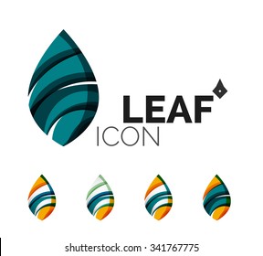 Set of abstract eco leaf icons, business logotype nature concepts, clean modern geometric design. Created with transparent abstract wave lines