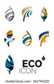 Conjunto de íconos ecológicos abstractos, conceptos de la naturaleza del logotipo empresarial, diseño geométrico moderno y limpio. Creado con líneas de onda abstractas transparentes