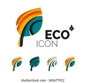 Set of abstract eco leaf icons, business logotype nature concepts, clean modern geometric design. Created with transparent abstract wave lines