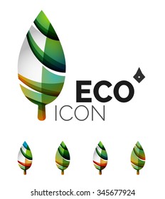 Set of abstract eco leaf icons, business logotype nature concepts, clean modern geometric design. Created with transparent abstract wave lines