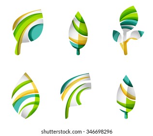 Set of abstract eco leaf icons, business logotype nature concepts, clean modern geometric design. Created with transparent abstract wave lines