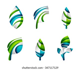 Set of abstract eco leaf icons, business logotype nature concepts, clean modern geometric design. Created with transparent abstract wave lines
