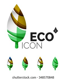Set of abstract eco leaf icons, business logotype nature concepts, clean modern geometric design. Created with transparent abstract wave lines