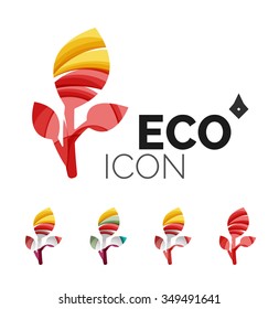 Set of abstract eco leaf icons, business logotype nature concepts, clean modern geometric design. Created with transparent abstract wave lines