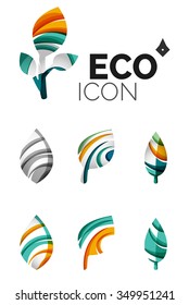 Set of abstract eco leaf icons, business logotype nature concepts, clean modern geometric design. Created with transparent abstract wave lines