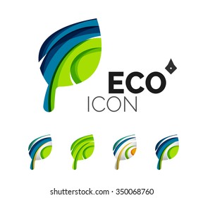 Set of abstract eco leaf icons, business logotype nature concepts, clean modern geometric design. Created with transparent abstract wave lines
