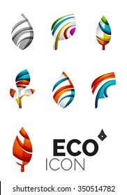 Set of abstract eco leaf icons, business logotype nature concepts, clean modern geometric design. Created with transparent abstract wave lines