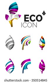 Set of abstract eco leaf icons, business logotype nature concepts, clean modern geometric design. Created with transparent abstract wave lines