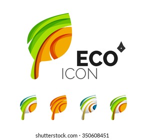 Set of abstract eco leaf icons, business logotype nature concepts, clean modern geometric design. Created with transparent abstract wave lines