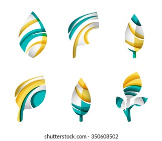 Set of abstract eco leaf icons, business logotype nature concepts, clean modern geometric design. Created with transparent abstract wave lines