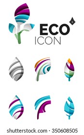 Set of abstract eco leaf icons, business logotype nature concepts, clean modern geometric design. Created with transparent abstract wave lines