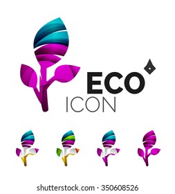 Conjunto de íconos ecológicos abstractos, conceptos de la naturaleza del logotipo empresarial, diseño geométrico moderno y limpio. Creado con líneas de onda abstractas transparentes