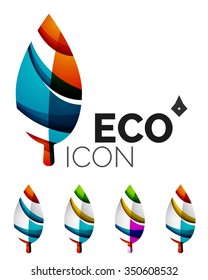Set of abstract eco leaf icons, business logotype nature concepts, clean modern geometric design. Created with transparent abstract wave lines