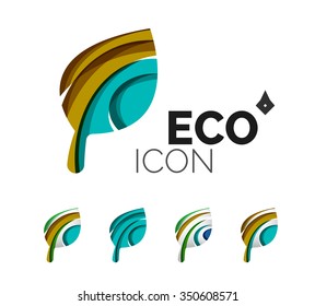 Set of abstract eco leaf icons, business logotype nature concepts, clean modern geometric design. Created with transparent abstract wave lines