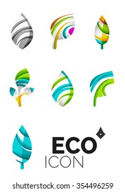 Conjunto de íconos ecológicos abstractos, conceptos de la naturaleza del logotipo empresarial, diseño geométrico moderno y limpio. Creado con líneas de onda abstractas transparentes