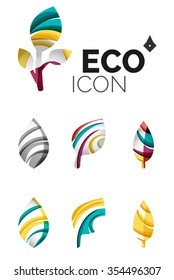 Set of abstract eco leaf icons, business logotype nature concepts, clean modern geometric design. Created with transparent abstract wave lines
