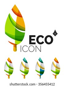 Set of abstract eco leaf icons, business logotype nature concepts, clean modern geometric design. Created with transparent abstract wave lines