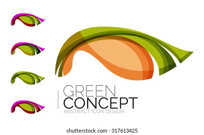 Set of abstract eco plant icons, business logotype nature green concepts, clean modern geometric design. Created with transparent abstract wave lines