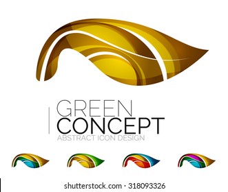 Set of abstract eco plant icons, business logotype nature green concepts, clean modern geometric design. Created with transparent abstract wave lines