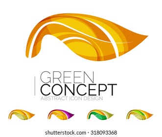 Set of abstract eco plant icons, business logotype nature green concepts, clean modern geometric design. Created with transparent abstract wave lines