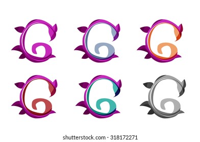 Set of abstract eco plant icons, business logotype nature green concepts, clean modern geometric design. Created with transparent abstract wave lines