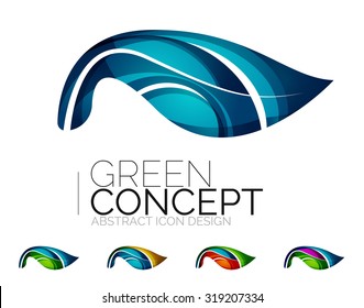 Set of abstract eco plant icons, business logotype nature green concepts, clean modern geometric design. Created with transparent abstract wave lines