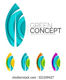Set of abstract eco plant icons, business logotype nature green concepts, clean modern geometric design. Created with transparent abstract wave lines