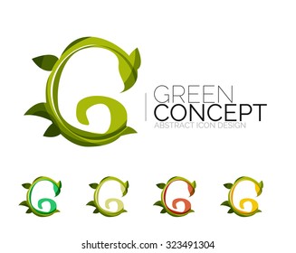 Set of abstract eco plant icons, business logotype nature green concepts, clean modern geometric design. Created with transparent abstract wave lines