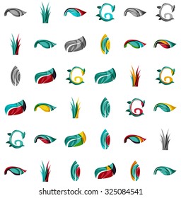 Set of abstract eco plant icons, business logotype nature green concepts, clean modern geometric design. Created with transparent abstract wave lines