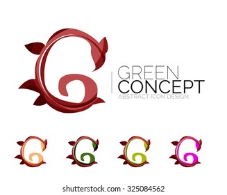 Set of abstract eco plant icons, business logotype nature green concepts, clean modern geometric design. Created with transparent abstract wave lines