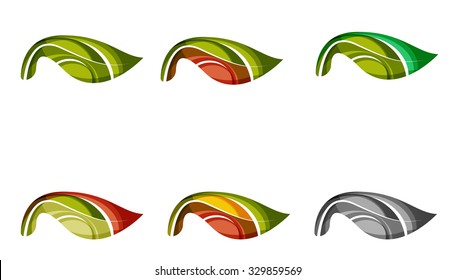Set of abstract eco plant icons, business logotype nature green concepts, clean modern geometric design. Created with transparent abstract wave lines