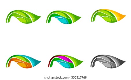 Set of abstract eco plant icons, business logotype nature green concepts, clean modern geometric design. Created with transparent abstract wave lines