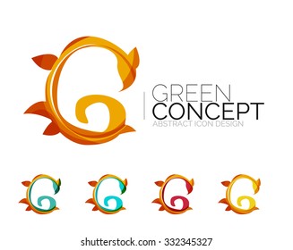 Set of abstract eco plant icons, business logotype nature green concepts, clean modern geometric design. Created with transparent abstract wave lines
