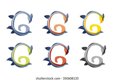 Set of abstract eco plant icons, business logotype nature green concepts, clean modern geometric design. Created with transparent abstract wave lines