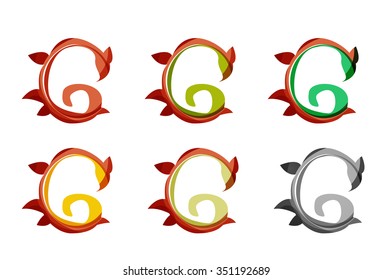 Set of abstract eco plant icons, business logotype nature green concepts, clean modern geometric design. Created with transparent abstract wave lines