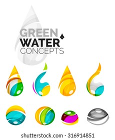 Set of abstract eco water icons, business logotype nature green concepts, clean modern geometric design. Created with transparent abstract wave lines