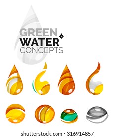 Set of abstract eco water icons, business logotype nature green concepts, clean modern geometric design. Created with transparent abstract wave lines