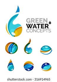 Set of abstract eco water icons, business logotype nature green concepts, clean modern geometric design. Created with transparent abstract wave lines