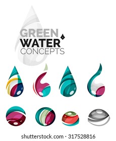 Set of abstract eco water icons, business logotype nature green concepts, clean modern geometric design. Created with transparent abstract wave lines