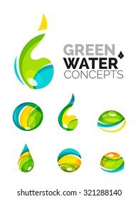 Set of abstract eco water icons, business logotype nature green concepts, clean modern geometric design. Created with transparent abstract wave lines