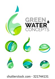 Set of abstract eco water icons, business logotype nature green concepts, clean modern geometric design. Created with transparent abstract wave lines