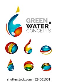 Set of abstract eco water icons, business logotype nature green concepts, clean modern geometric design. Created with transparent abstract wave lines