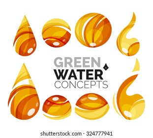 Set of abstract eco water icons, business logotype nature green concepts, clean modern geometric design. Created with transparent abstract wave lines